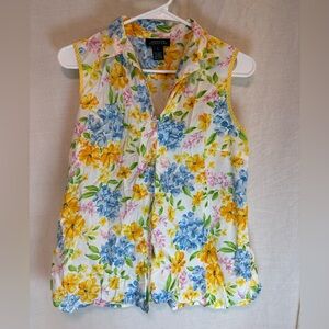 Jones New York Yellow Floral Blouse Size L Sleeveless 100% Cotton Fairycore